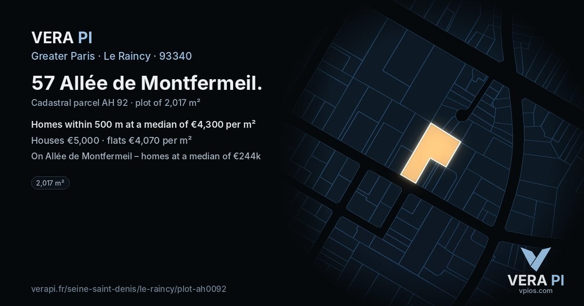57 Allée de Montfermeil, Le Raincy at night – the plot lit, the parcels around coloured by the prices near them