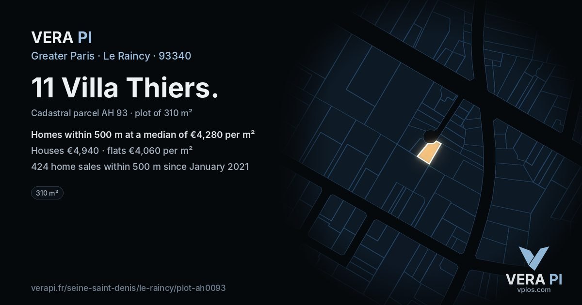 11 Villa Thiers, Le Raincy at night – the plot lit, the parcels around coloured by the prices near them