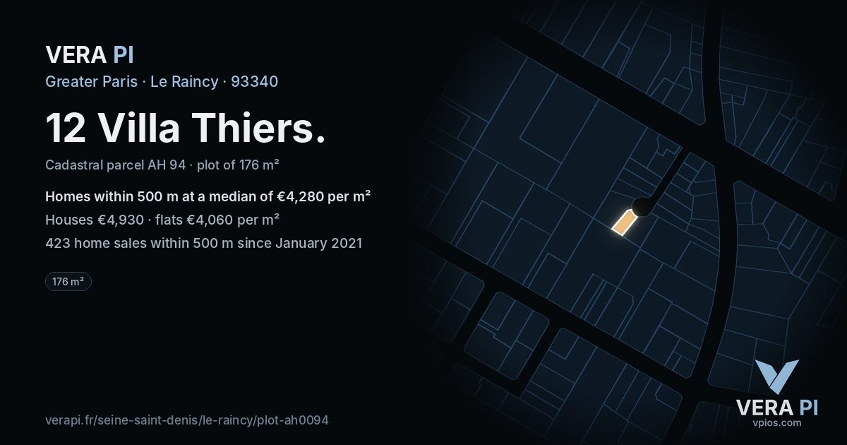 12 Villa Thiers, Le Raincy at night – the plot lit, the parcels around coloured by the prices near them
