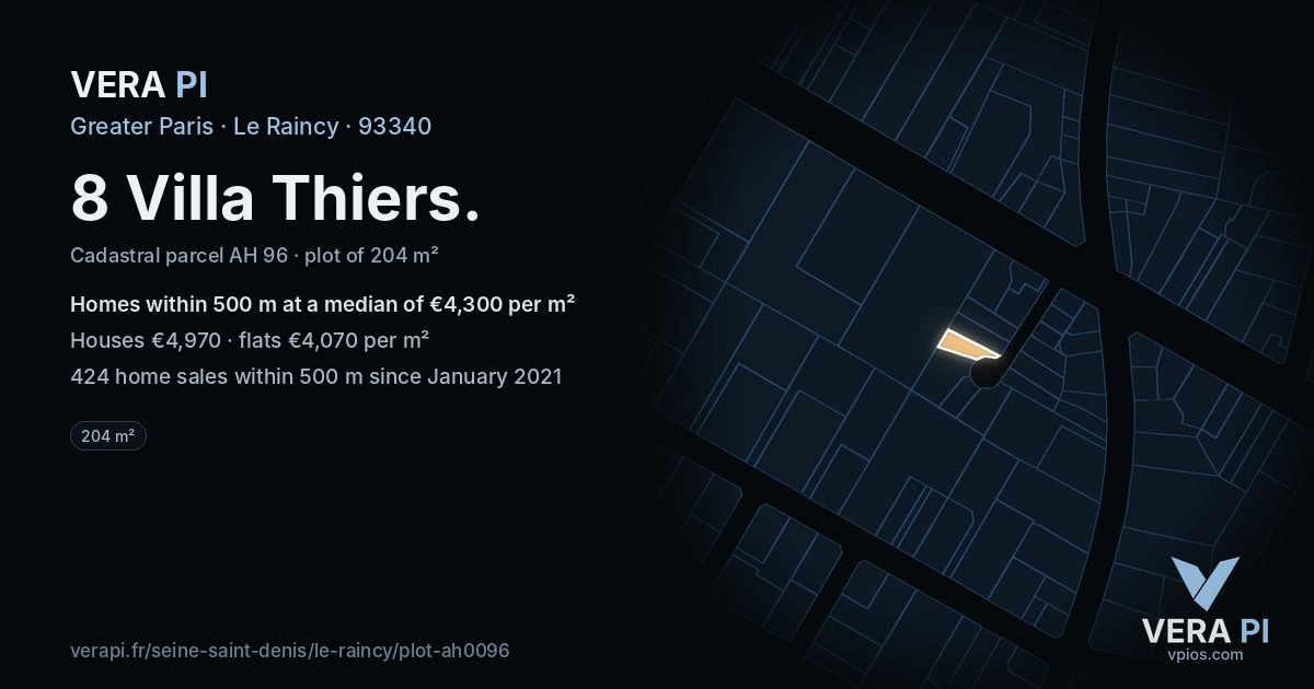 8 Villa Thiers, Le Raincy at night – the plot lit, the parcels around coloured by the prices near them