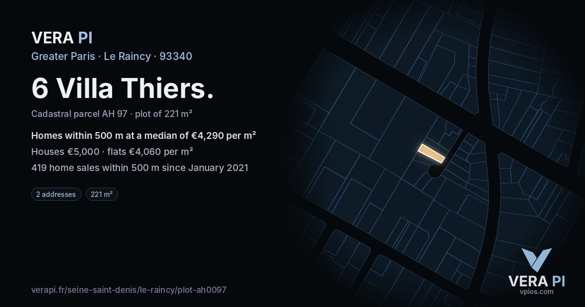 6 Villa Thiers, Le Raincy at night – the plot lit, the parcels around coloured by the prices near them