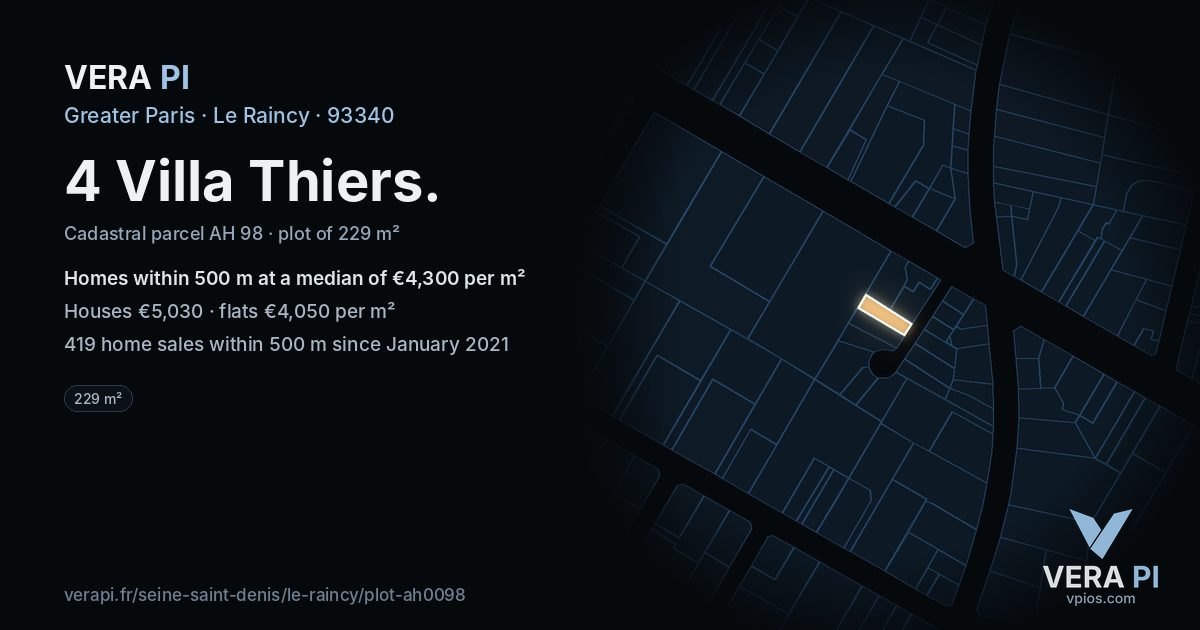 4 Villa Thiers, Le Raincy at night – the plot lit, the parcels around coloured by the prices near them
