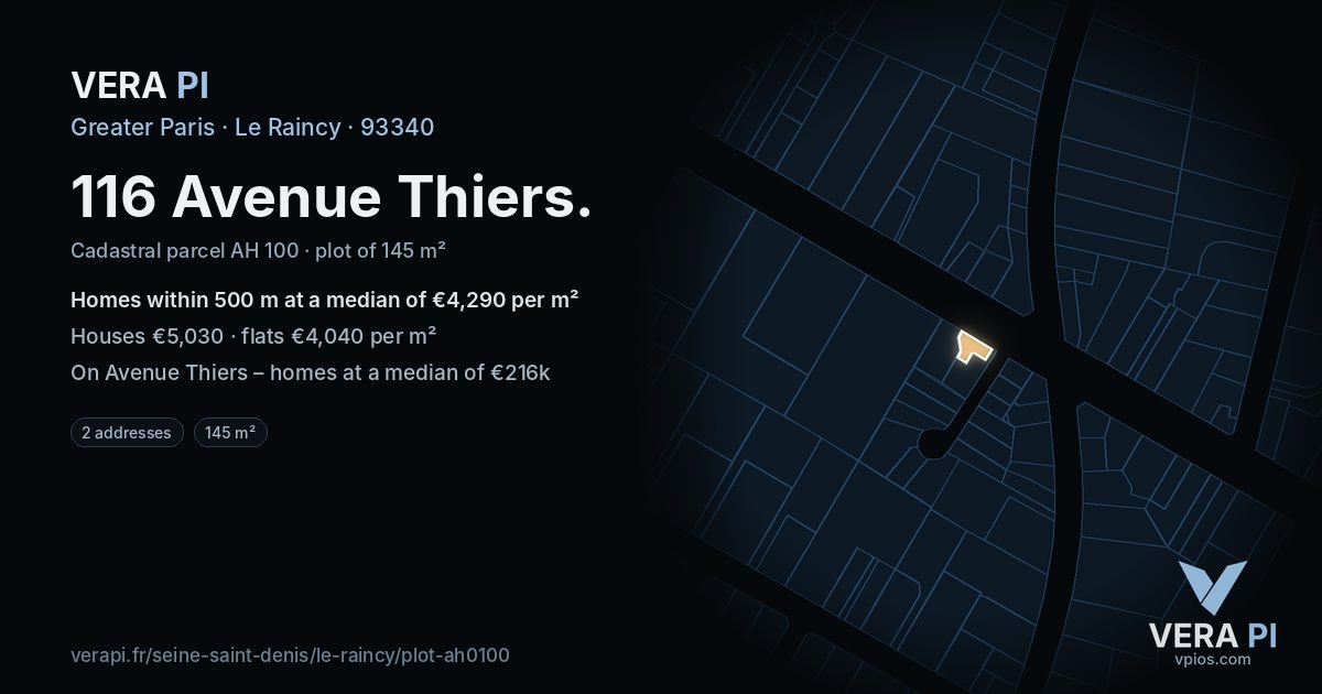 116 Avenue Thiers, Le Raincy at night – the plot lit, the parcels around coloured by the prices near them