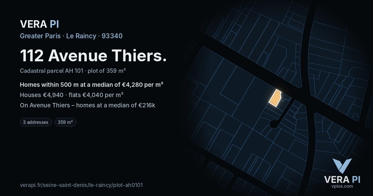 112 Avenue Thiers, Le Raincy at night – the plot lit, the parcels around coloured by the prices near them