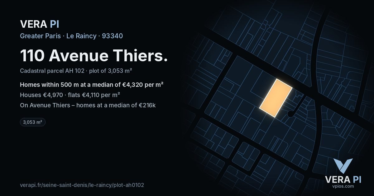 110 Avenue Thiers, Le Raincy at night – the plot lit, the parcels around coloured by the prices near them