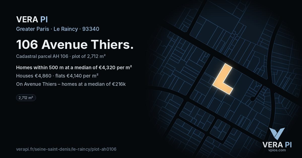 106 Avenue Thiers, Le Raincy at night – the plot lit, the parcels around coloured by the prices near them