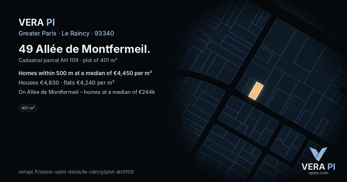 49 Allée de Montfermeil, Le Raincy at night – the plot lit, the parcels around coloured by the prices near them