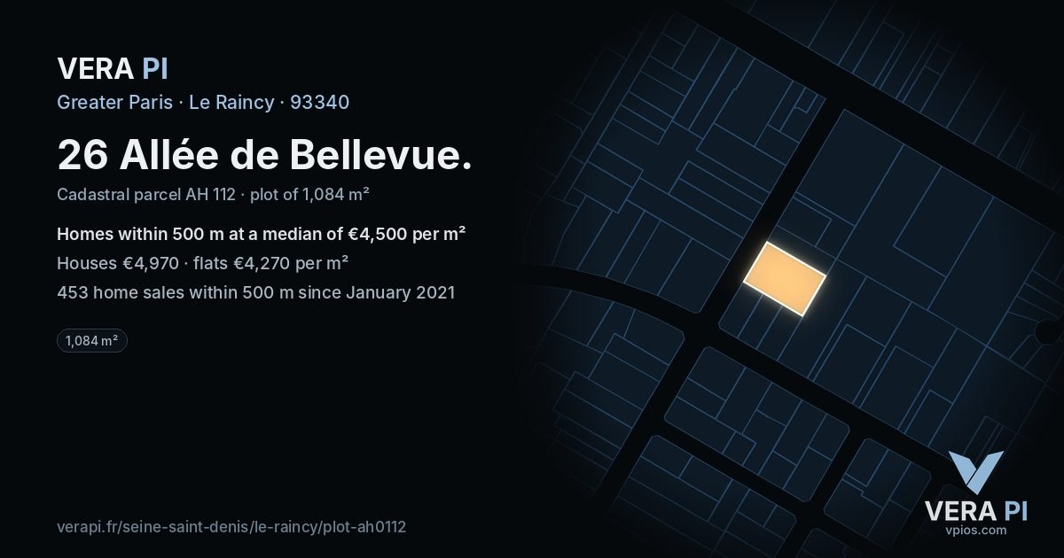 26 Allée de Bellevue, Le Raincy at night – the plot lit, the parcels around coloured by the prices near them