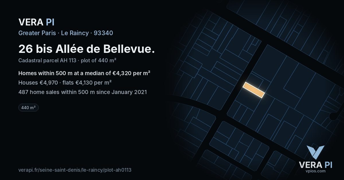 26 bis Allée de Bellevue, Le Raincy at night – the plot lit, the parcels around coloured by the prices near them