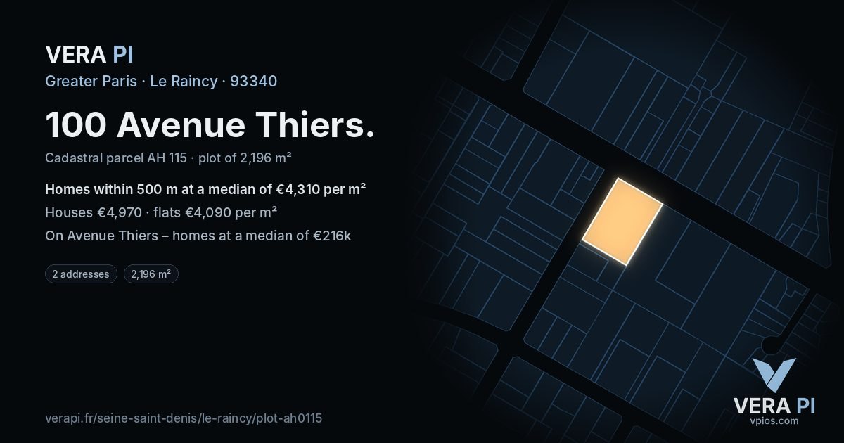 100 Avenue Thiers, Le Raincy at night – the plot lit, the parcels around coloured by the prices near them