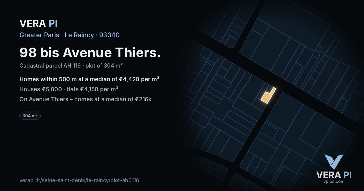 98 bis Avenue Thiers, Le Raincy at night – the plot lit, the parcels around coloured by the prices near them