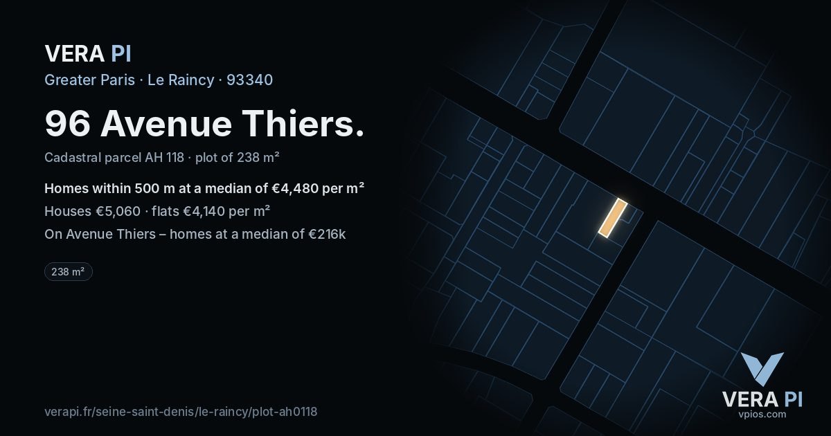 96 Avenue Thiers, Le Raincy at night – the plot lit, the parcels around coloured by the prices near them