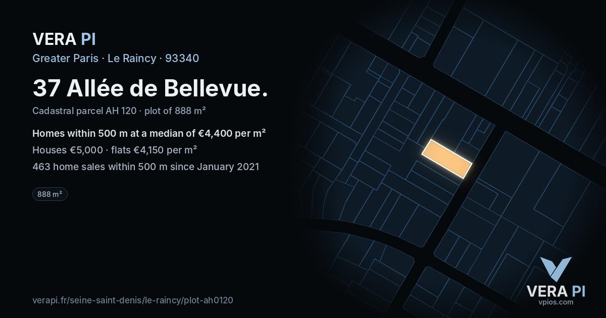 37 Allée de Bellevue, Le Raincy at night – the plot lit, the parcels around coloured by the prices near them