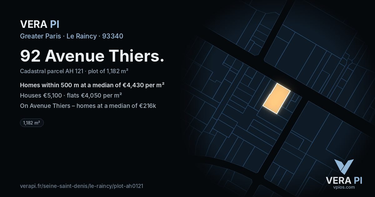 92 Avenue Thiers, Le Raincy at night – the plot lit, the parcels around coloured by the prices near them