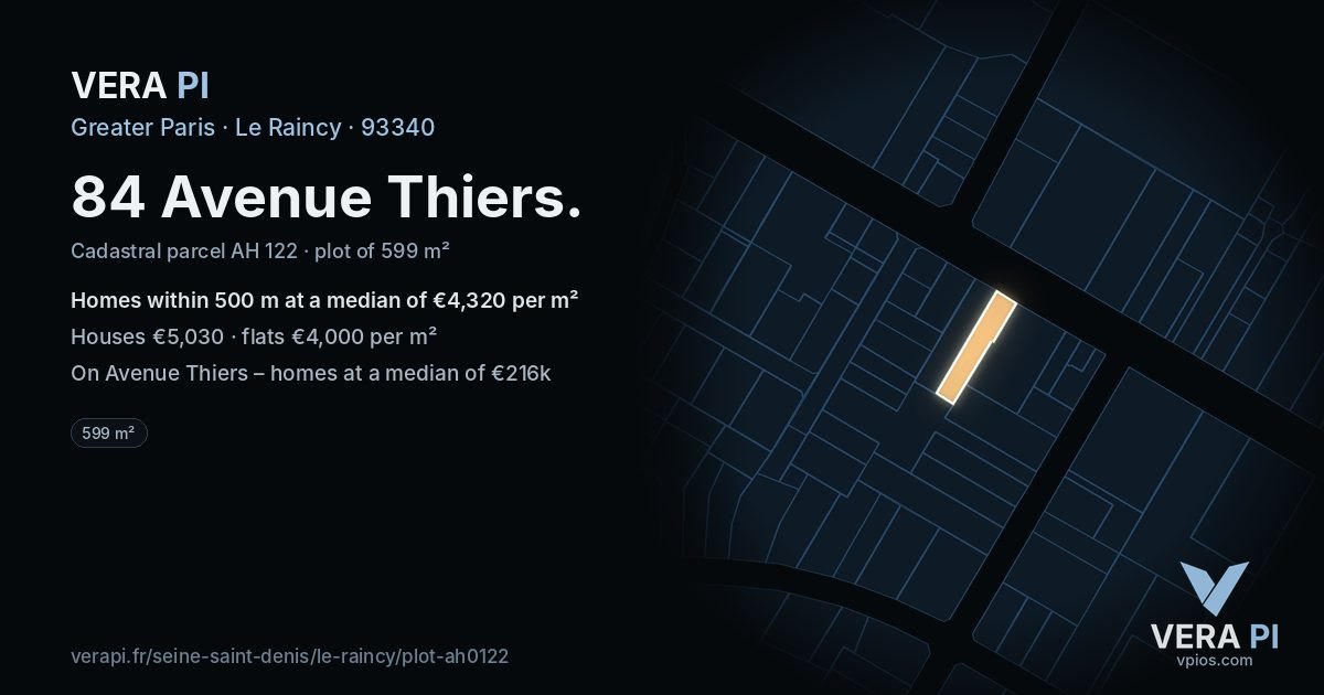 84 Avenue Thiers, Le Raincy at night – the plot lit, the parcels around coloured by the prices near them