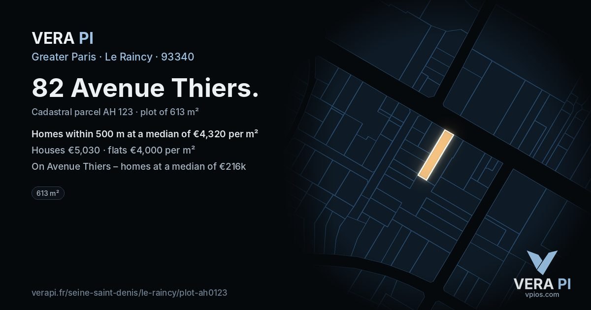 82 Avenue Thiers, Le Raincy at night – the plot lit, the parcels around coloured by the prices near them