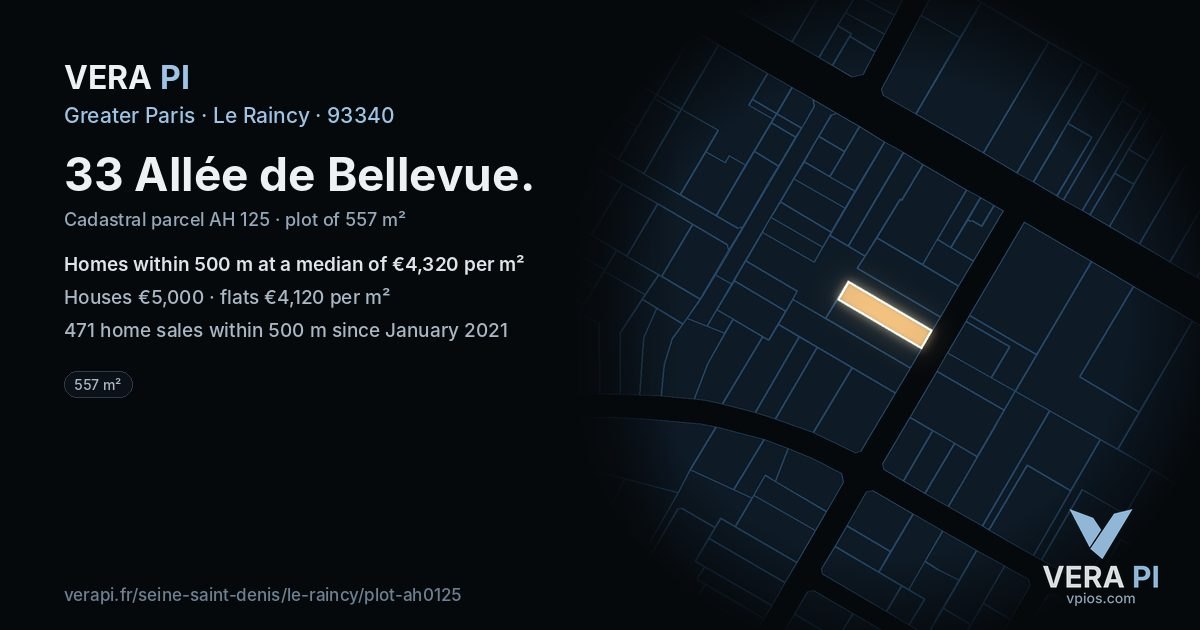 33 Allée de Bellevue, Le Raincy at night – the plot lit, the parcels around coloured by the prices near them