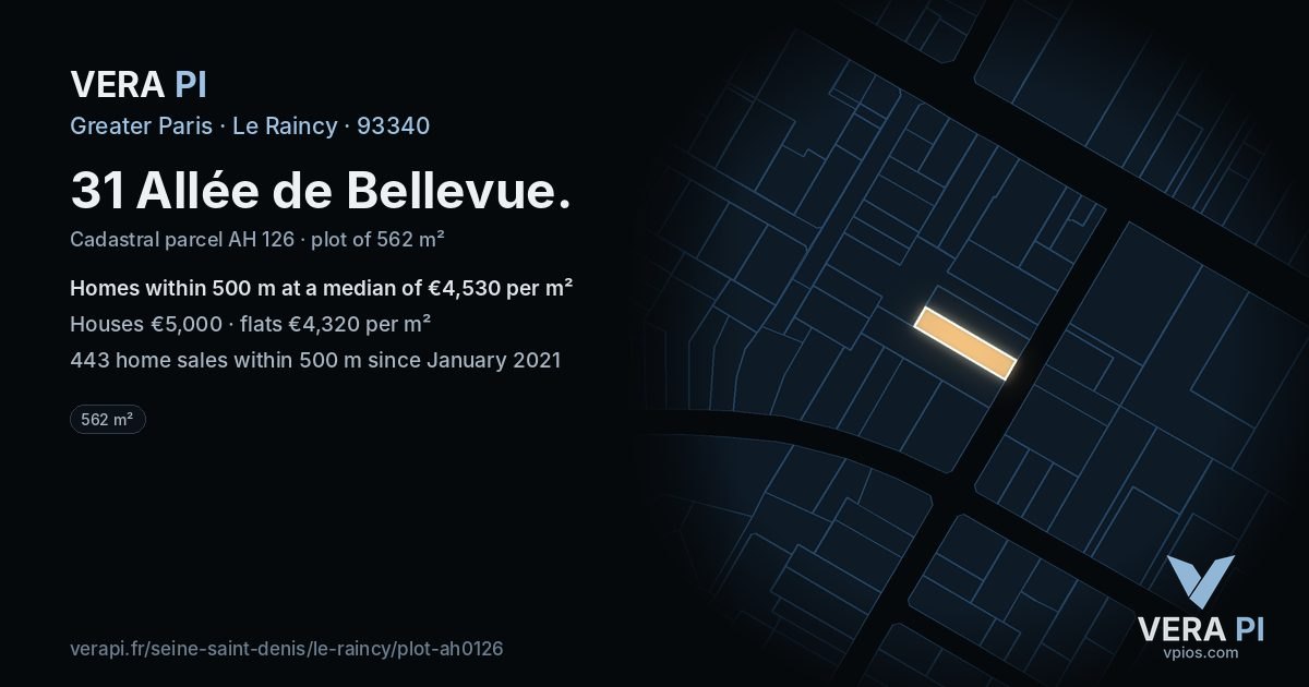31 Allée de Bellevue, Le Raincy at night – the plot lit, the parcels around coloured by the prices near them