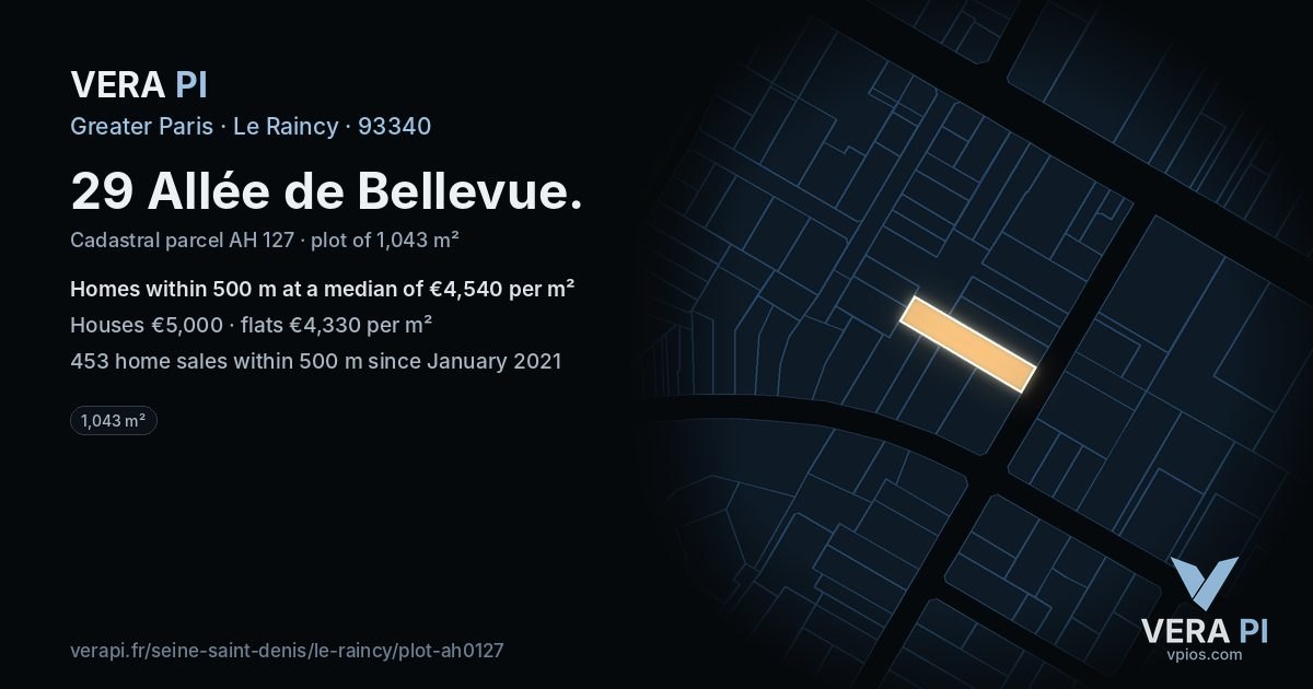 29 Allée de Bellevue, Le Raincy at night – the plot lit, the parcels around coloured by the prices near them