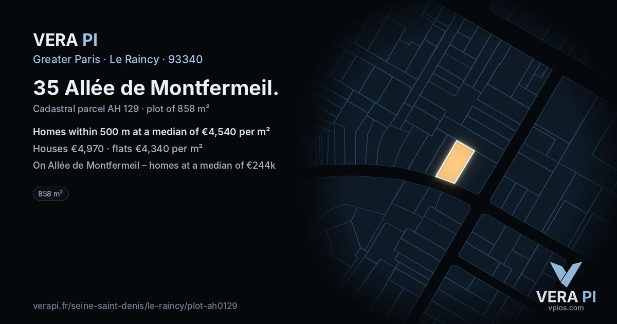 35 Allée de Montfermeil, Le Raincy at night – the plot lit, the parcels around coloured by the prices near them