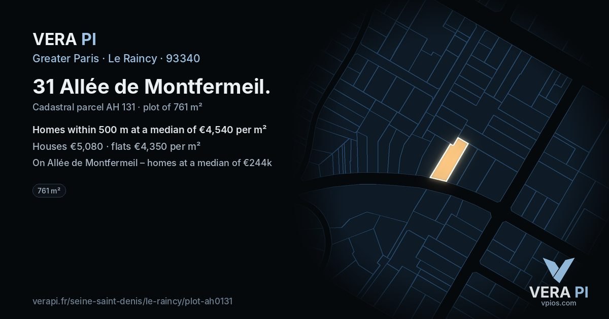31 Allée de Montfermeil, Le Raincy at night – the plot lit, the parcels around coloured by the prices near them
