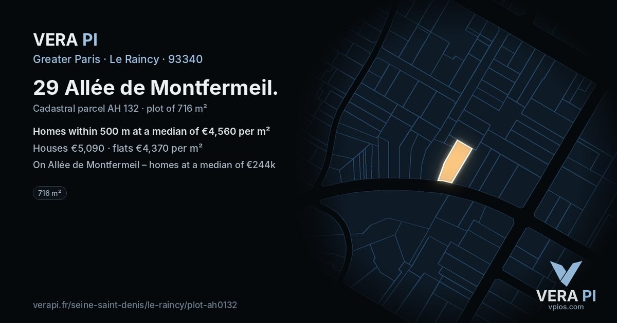 29 Allée de Montfermeil, Le Raincy at night – the plot lit, the parcels around coloured by the prices near them