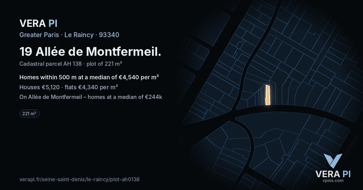 19 Allée de Montfermeil, Le Raincy at night – the plot lit, the parcels around coloured by the prices near them