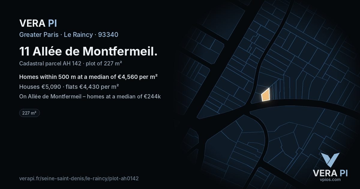 11 Allée de Montfermeil, Le Raincy at night – the plot lit, the parcels around coloured by the prices near them