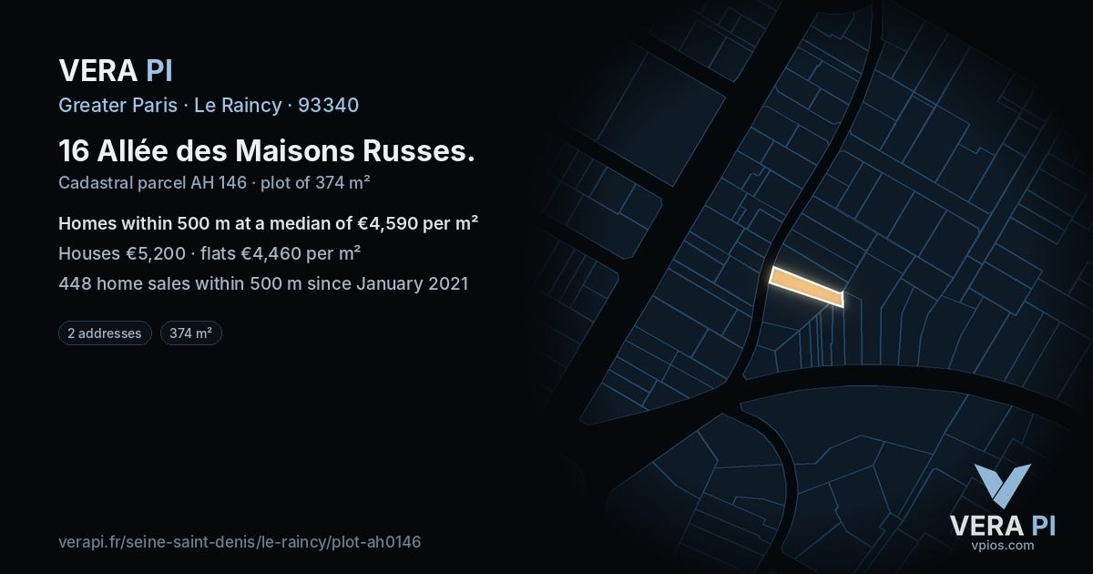 16 Allée des Maisons Russes, Le Raincy at night – the plot lit, the parcels around coloured by the prices near them