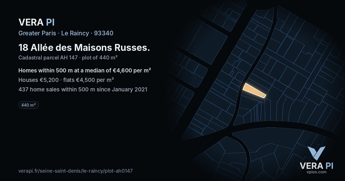 18 Allée des Maisons Russes, Le Raincy at night – the plot lit, the parcels around coloured by the prices near them
