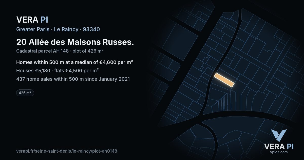 20 Allée des Maisons Russes, Le Raincy at night – the plot lit, the parcels around coloured by the prices near them