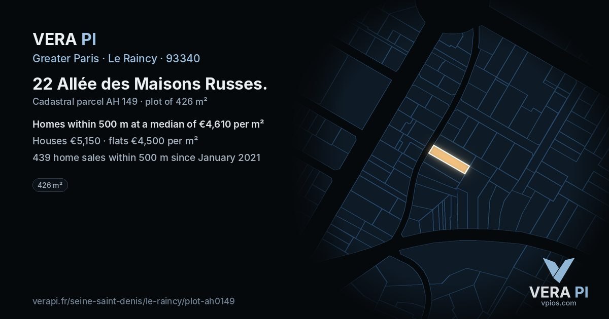 22 Allée des Maisons Russes, Le Raincy at night – the plot lit, the parcels around coloured by the prices near them