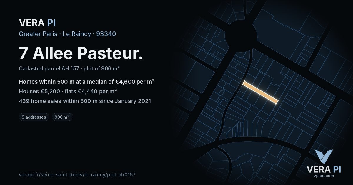 7 Allee Pasteur, Le Raincy at night – the plot lit, the parcels around coloured by the prices near them