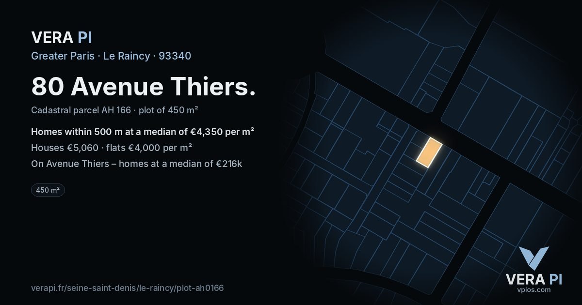 80 Avenue Thiers, Le Raincy at night – the plot lit, the parcels around coloured by the prices near them