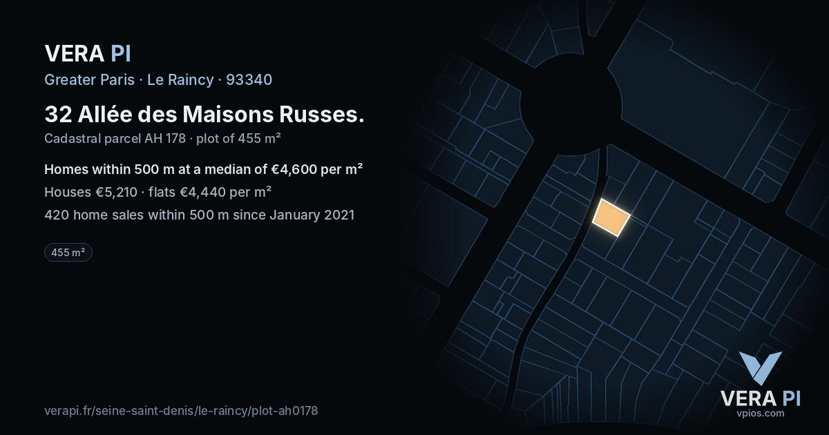 32 Allée des Maisons Russes, Le Raincy at night – the plot lit, the parcels around coloured by the prices near them