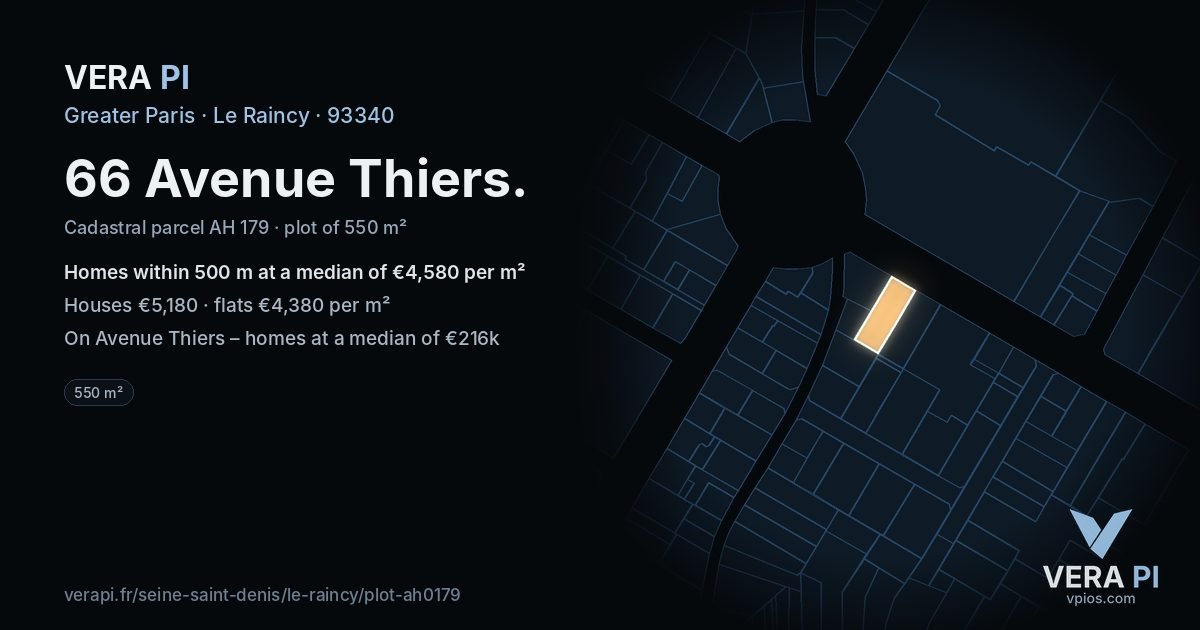 66 Avenue Thiers, Le Raincy at night – the plot lit, the parcels around coloured by the prices near them