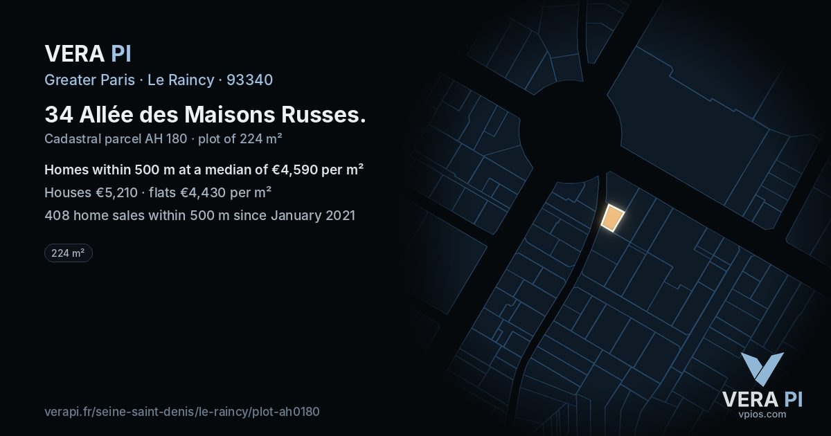 34 Allée des Maisons Russes, Le Raincy at night – the plot lit, the parcels around coloured by the prices near them