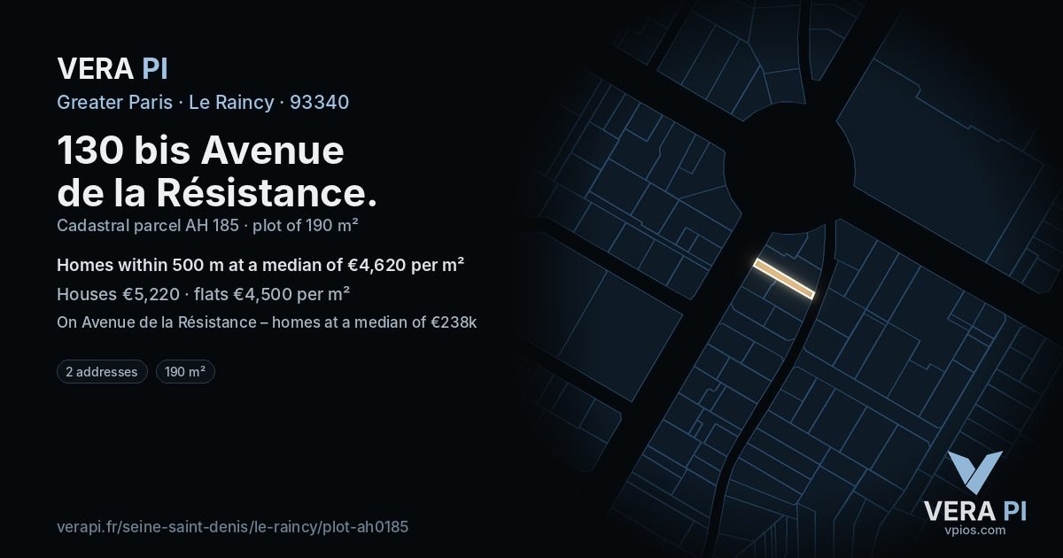 130 bis Avenue de la Résistance, Le Raincy at night – the plot lit, the parcels around coloured by the prices near them