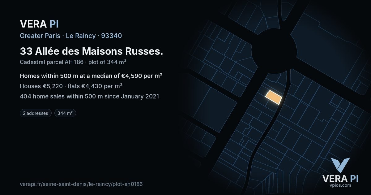 33 Allée des Maisons Russes, Le Raincy at night – the plot lit, the parcels around coloured by the prices near them