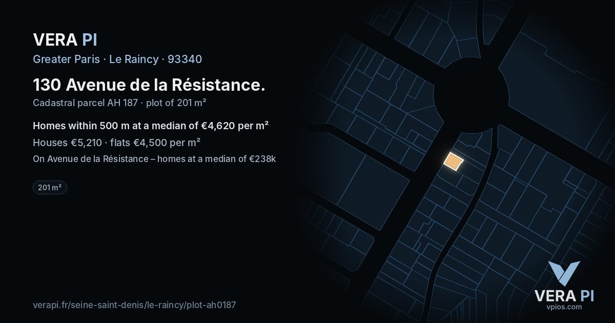 130 Avenue de la Résistance, Le Raincy at night – the plot lit, the parcels around coloured by the prices near them