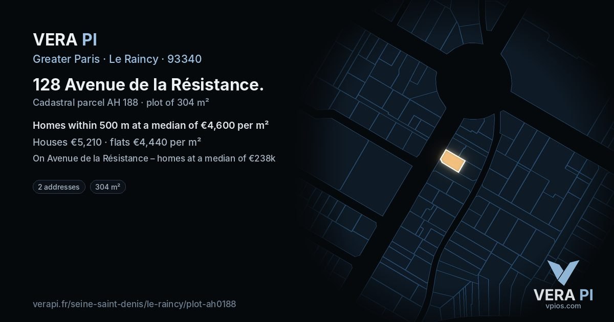 128 Avenue de la Résistance, Le Raincy at night – the plot lit, the parcels around coloured by the prices near them