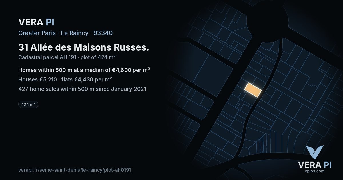 31 Allée des Maisons Russes, Le Raincy at night – the plot lit, the parcels around coloured by the prices near them