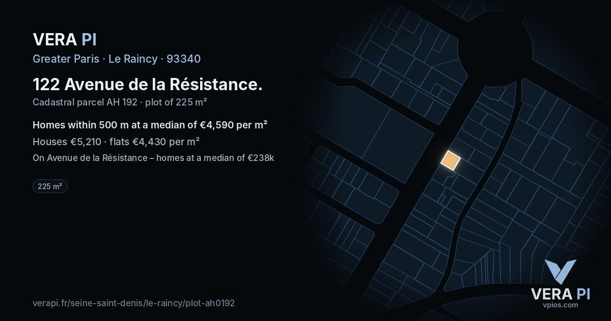 122 Avenue de la Résistance, Le Raincy at night – the plot lit, the parcels around coloured by the prices near them