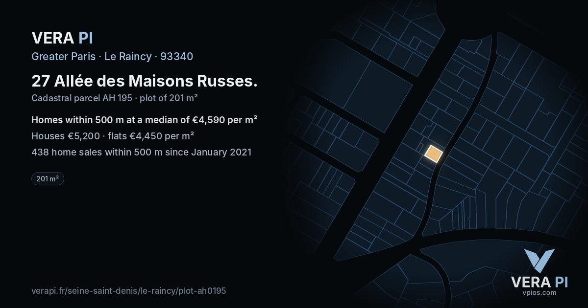 27 Allée des Maisons Russes, Le Raincy at night – the plot lit, the parcels around coloured by the prices near them