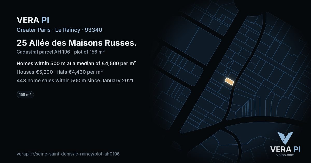 25 Allée des Maisons Russes, Le Raincy at night – the plot lit, the parcels around coloured by the prices near them