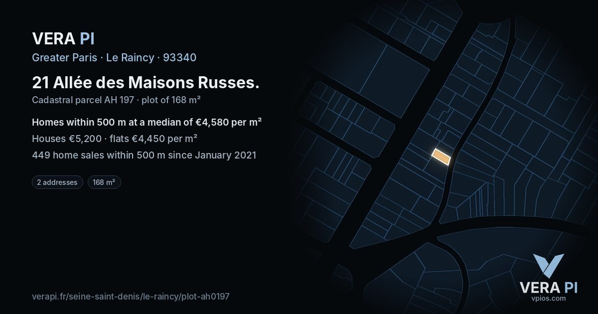 21 Allée des Maisons Russes, Le Raincy at night – the plot lit, the parcels around coloured by the prices near them