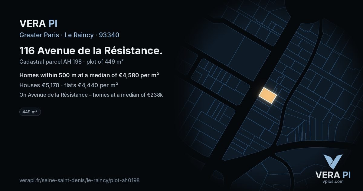 116 Avenue de la Résistance, Le Raincy at night – the plot lit, the parcels around coloured by the prices near them
