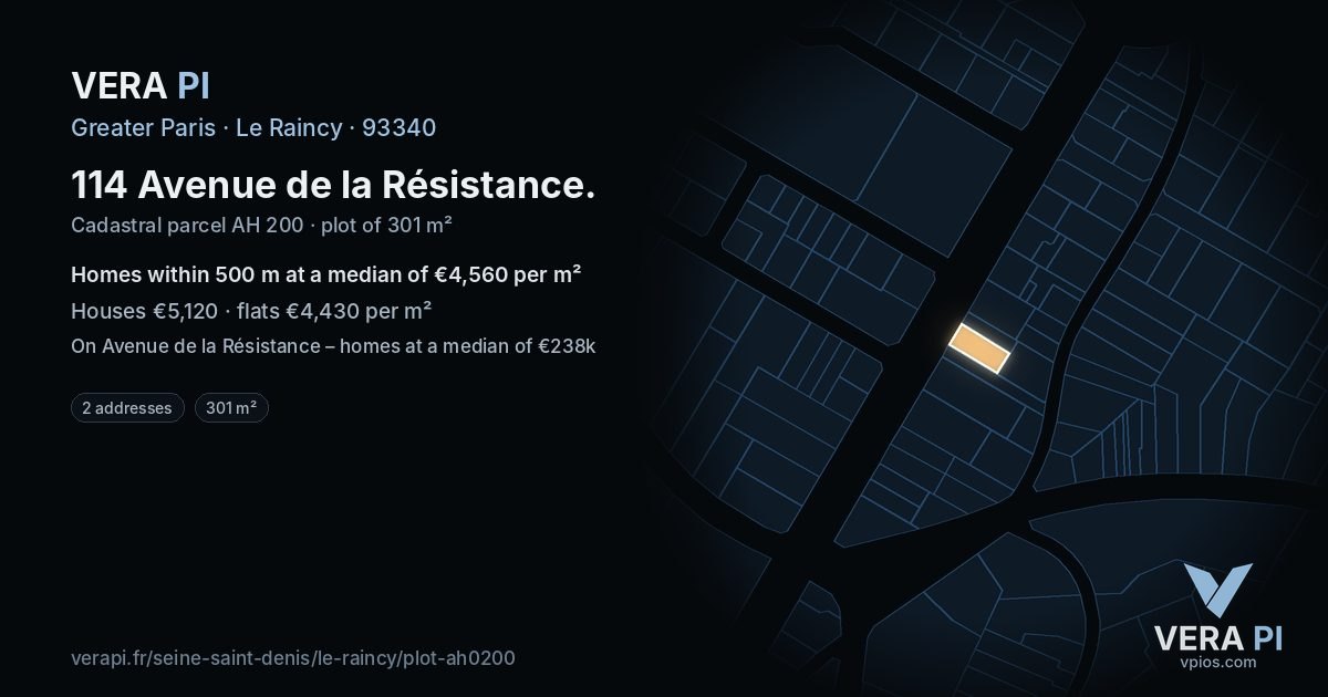 114 Avenue de la Résistance, Le Raincy at night – the plot lit, the parcels around coloured by the prices near them