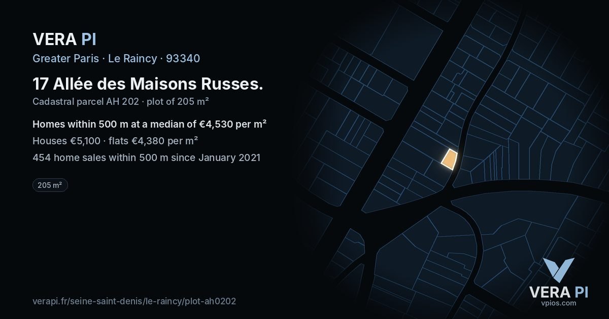 17 Allée des Maisons Russes, Le Raincy at night – the plot lit, the parcels around coloured by the prices near them