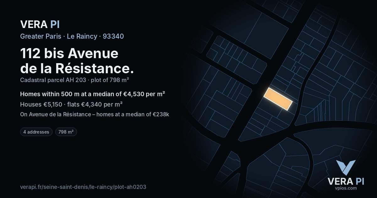 112 bis Avenue de la Résistance, Le Raincy at night – the plot lit, the parcels around coloured by the prices near them